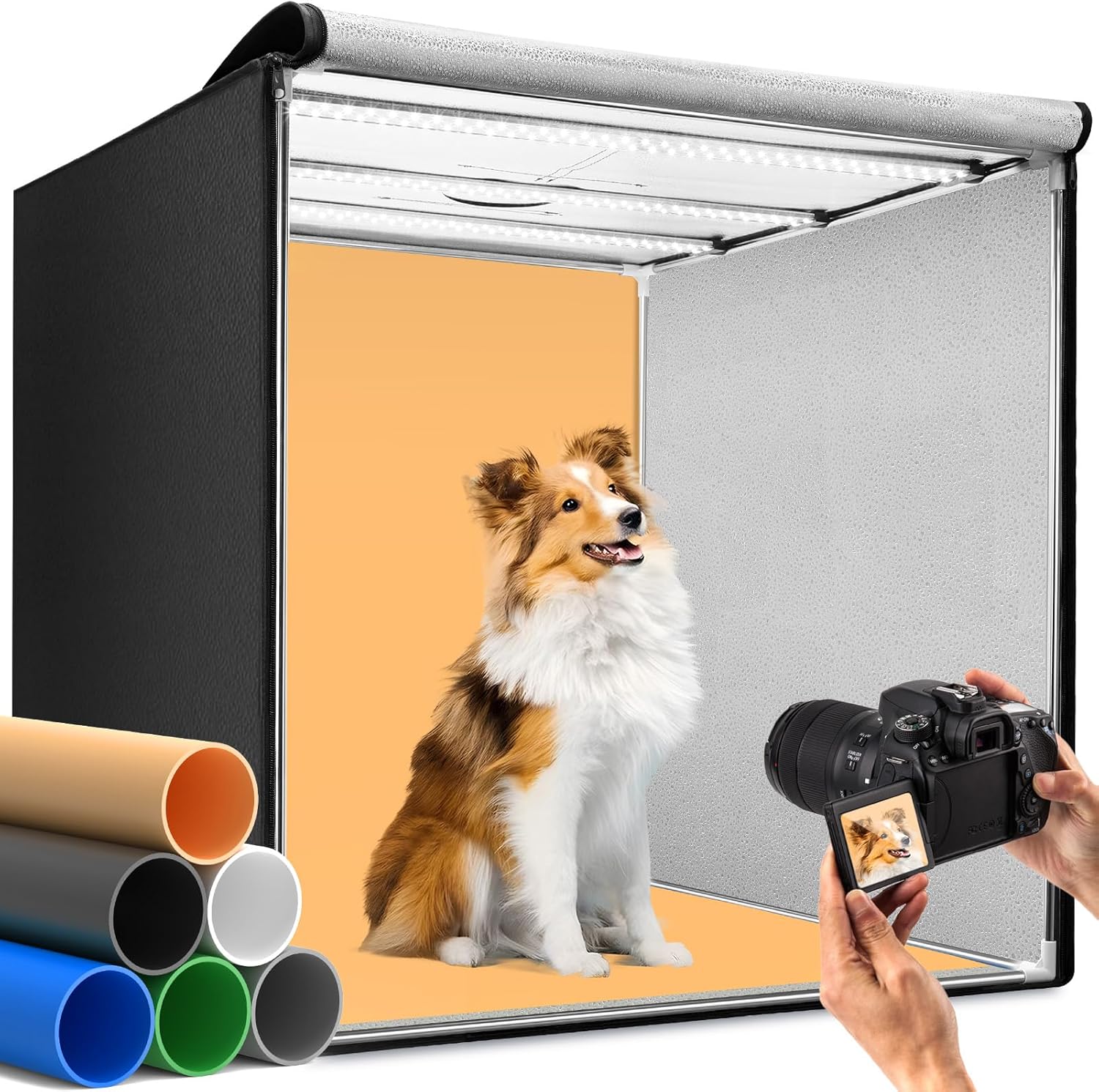 DUCLUS 32×32inch Professional Photo Studio Booth Photobox, Portable 210 LED Lightbox Shooting Tent Folding with 6 Colors Backdrops